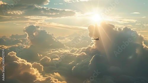 Pig flying through a magical sky among the clouds photo