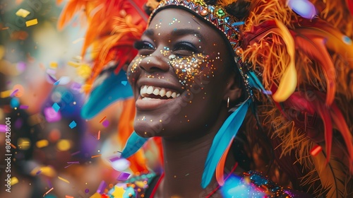 A person in a flamboyant, feathered costume, smiling broadly while confetti rains down around them.