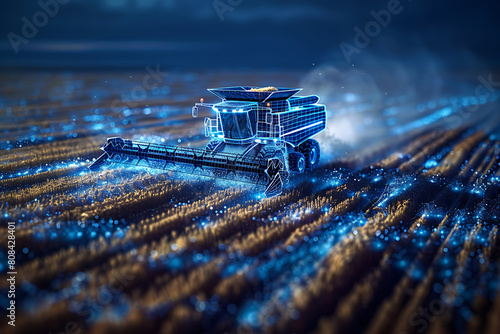 
A wireframe-style illustration showcases a modern harvester in action, emphasizing its sleek design and efficiency in agricultural technology photo