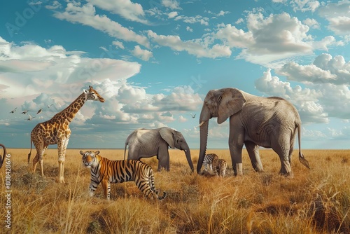 Playful family of elephants, giraffes, and a tiger in the savannah © nattapon98