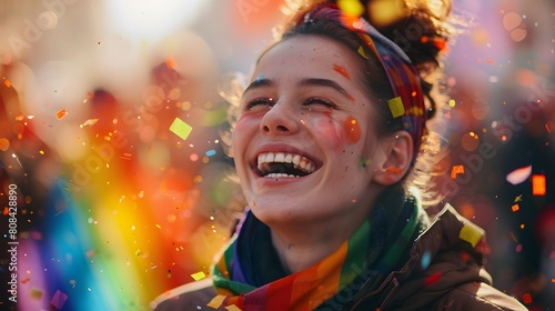 A person with a rainbow-patterned scarf, laughing as they blow rainbow-colored streamers into the air.