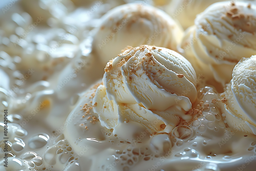 A close-up texture shot captures the creamy swirls and smooth surface of delicious, colorful ice cream scoops A close-up texture shot captures the creamy swirls and smooth surface of delicious, colorful ice cream scoops
