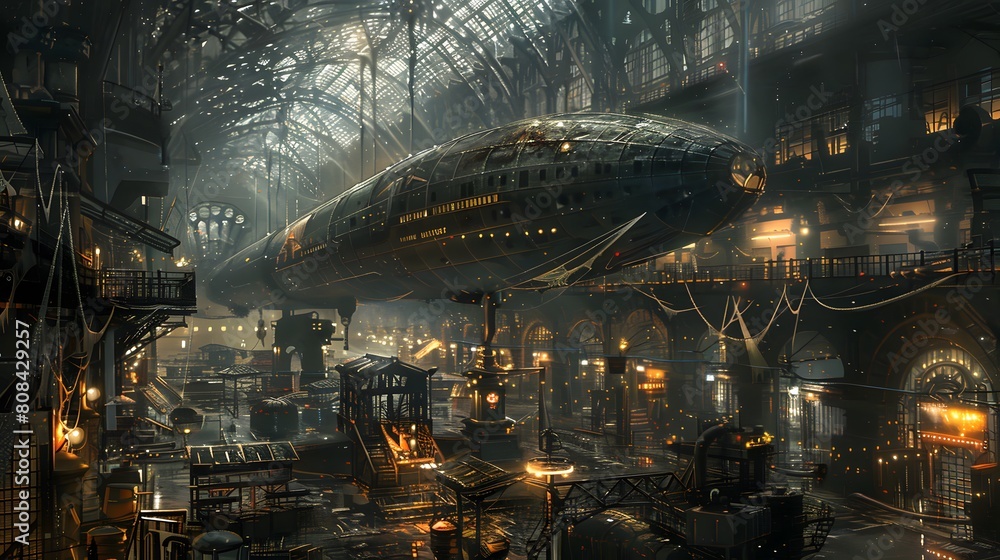 A vast, cavernous hangar with a skeletal iron structure, cobwebs draped across rusty machinery, and a lone, weathered airship docked in the fading light