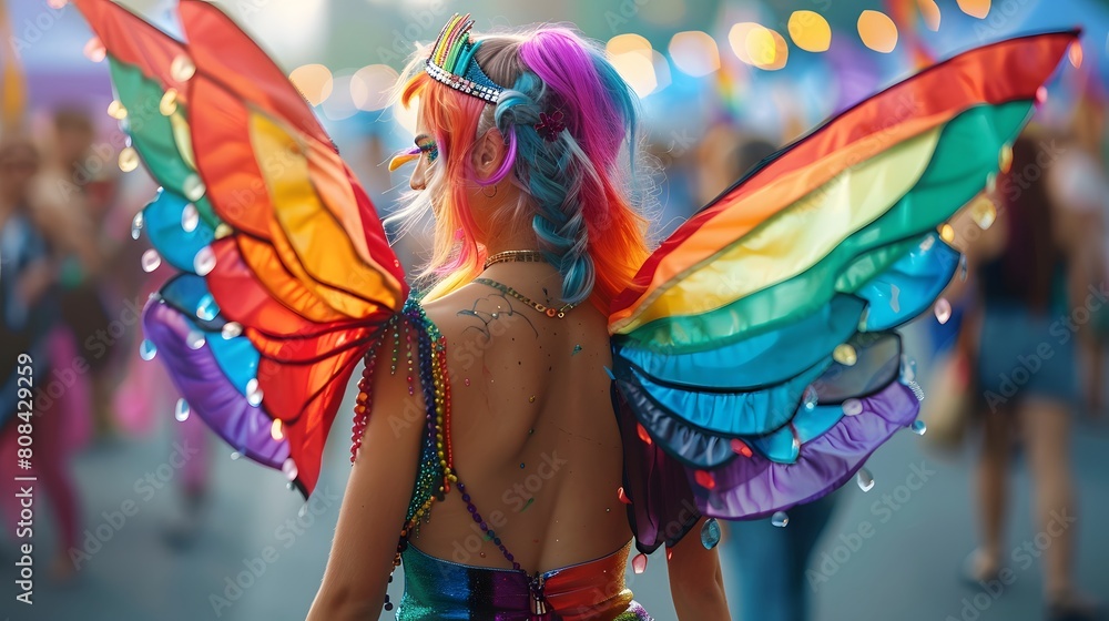 A person with rainbow fairy wings and a colorful wig, dancing with a pride flag draped over their shoulders.