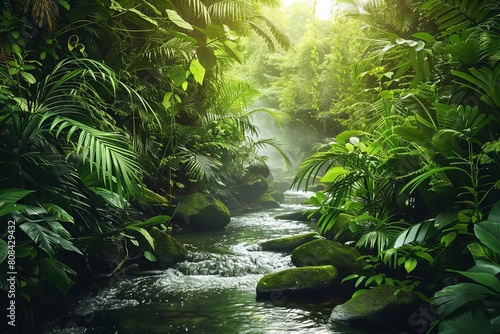 Serene jungle stream leading through a lush forest