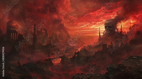Apocalyptic vision of hell's city with a dominant Satan skull, smoke enveloping the eerie landscape, dark red sky looming overhead