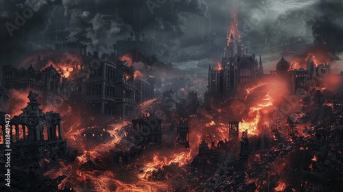 Apocalyptic vision of hell's city, close-up on smoldering ruins and flowing lava, smoke clouds against a dark sky photo