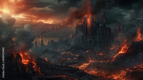 Apocalyptic vision of hell's city, close-up on smoldering ruins and flowing lava, smoke clouds against a dark sky