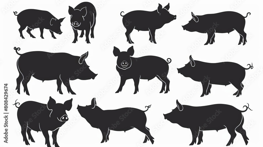 Silhouette of pigs in various poses and actions Silhouette of pigs in various poses and actions
