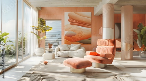 A plush recliner situated in a high-ceilinged room adorned with abstract landscape art and a pastel theme.