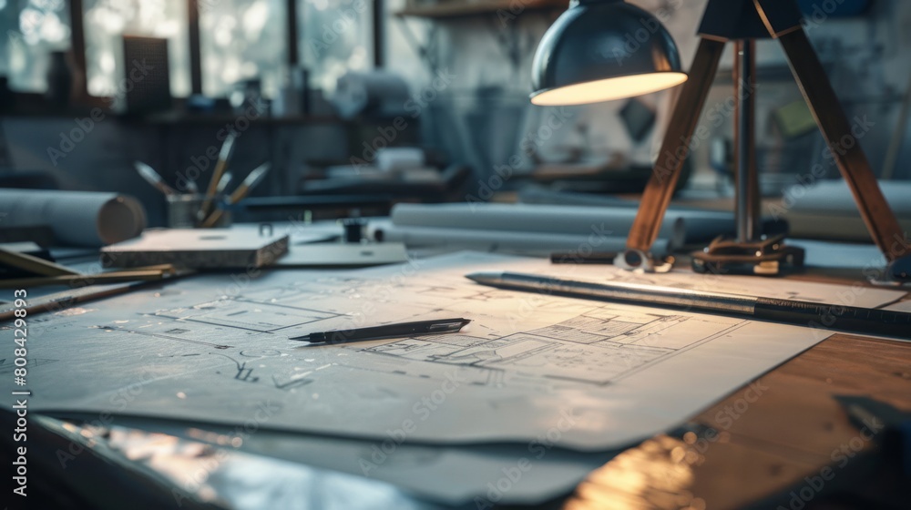 Concept, concept, project, construction, background, work desk, office architecture Complete with drawing equipment Concept, concept, project, construction, background, work desk, office architecture Complete with drawing equipment
