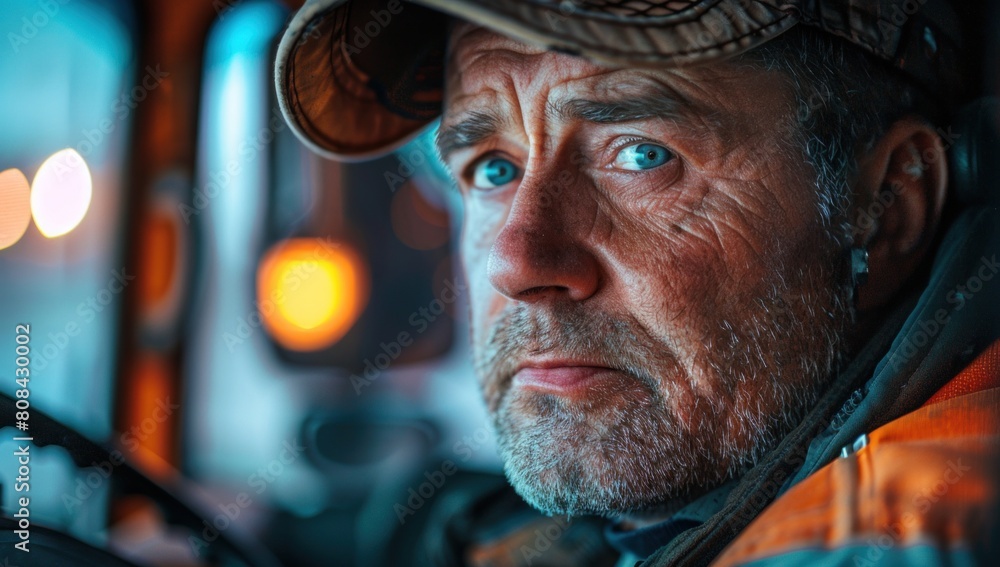 A close-up shot of a worker's face illuminated by the headlights of a truck as they guide it into position for loading, showcasing their focus. A close-up shot of a worker's face illuminated by the headlights of a truck as they guide it into position for loading, showcasing their focus.
