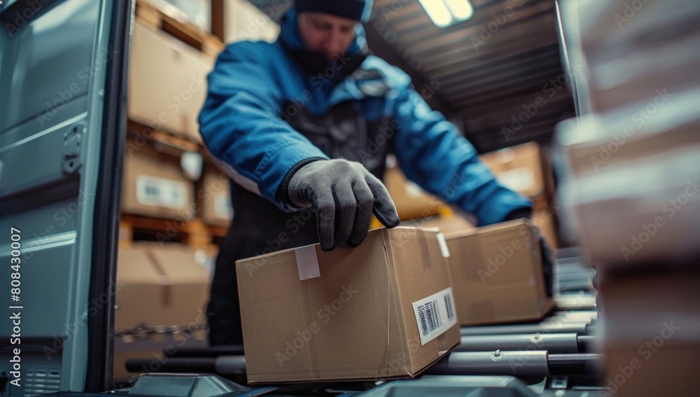 A close-up shot of a worker's hands carefully stacking boxes onto a delivery truck, capturing the precision and care they put into their work.
