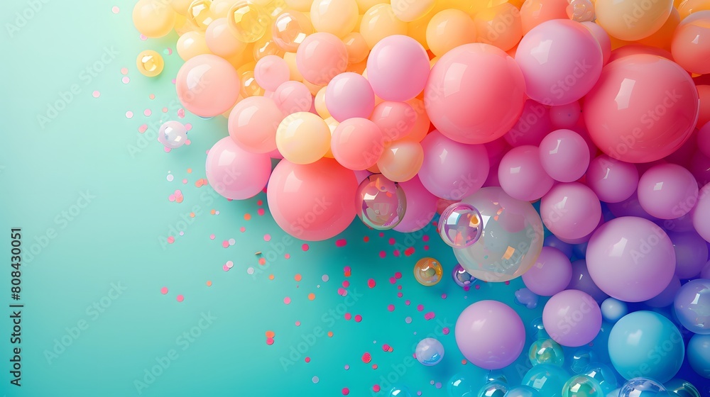 A pride banner with a pastel-toned rainbow gradient and colorful balloon decorations around the edges, creating an inviting copy space.