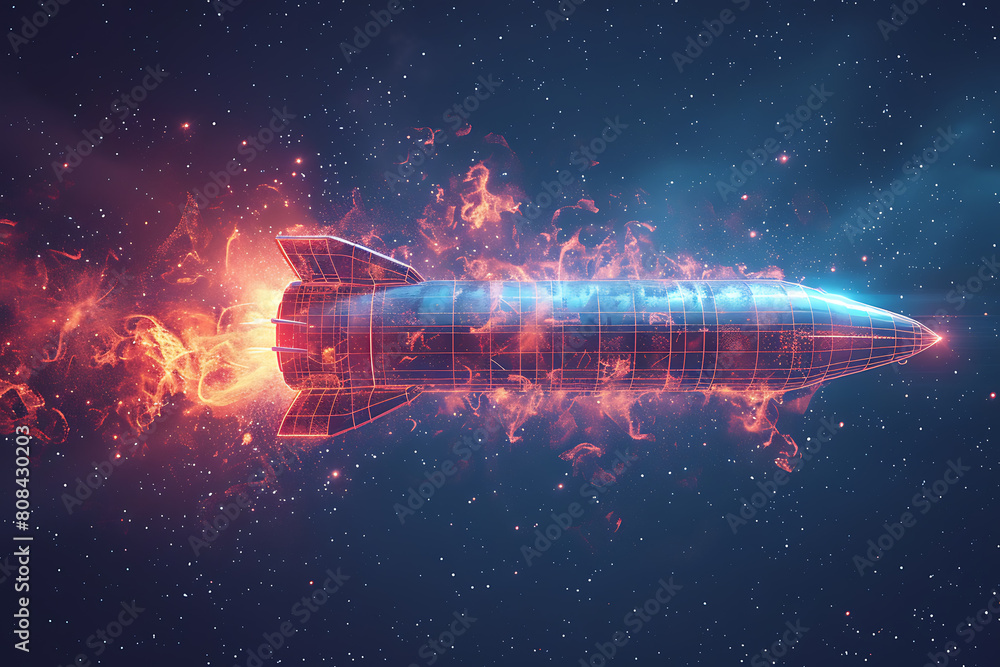 A futuristic wireframe-style illustration of a rocket, with intricate details and glowing lines against a dark background A futuristic wireframe-style illustration of a rocket, with intricate details and glowing lines against a dark background