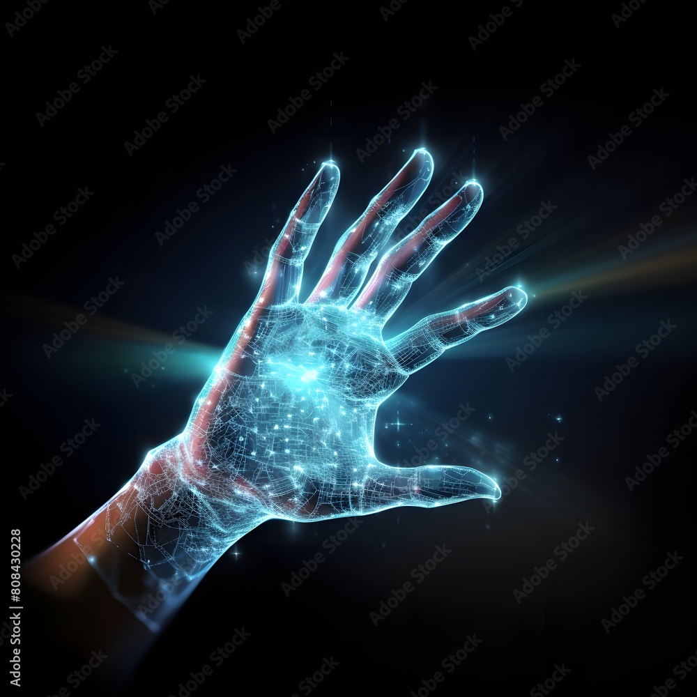 Digital hand hologram on dark background. Generative AI. Digital hand hologram on dark background. Generative AI.