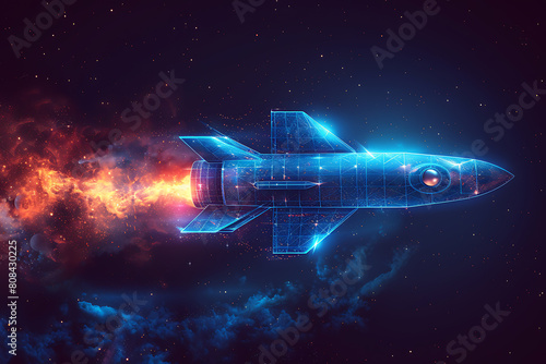 A futuristic wireframe-style illustration of a rocket, with intricate details and glowing lines against a dark background © Evhen Pylypchuk