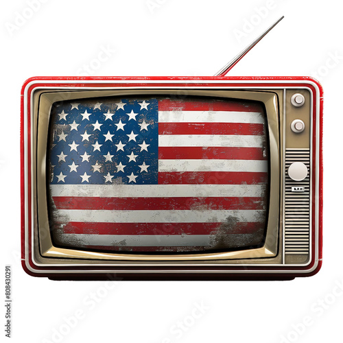 old classic televion with USA flag in the screen, no background, PNG image photo