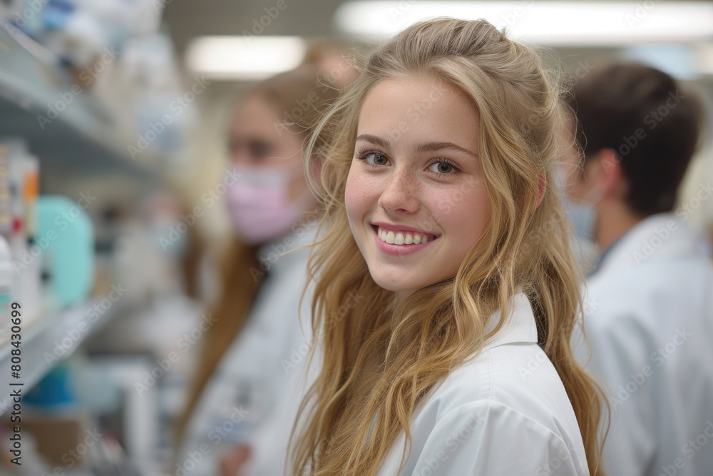 A young dental student with a radiant smile and lab coat stands in a pharmacy, her optimism reflecting the hopeful spirit of future medical professionals. A young dental student with a radiant smile and lab coat stands in a pharmacy, her optimism reflecting the hopeful spirit of future medical professionals.