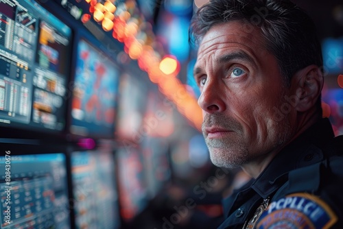 A mature Caucasian police officer with piercing blue eyes stands alert against a backdrop of illuminated screens, the city's nocturnal colors reflecting in his intense gaze. Shadows dance around.