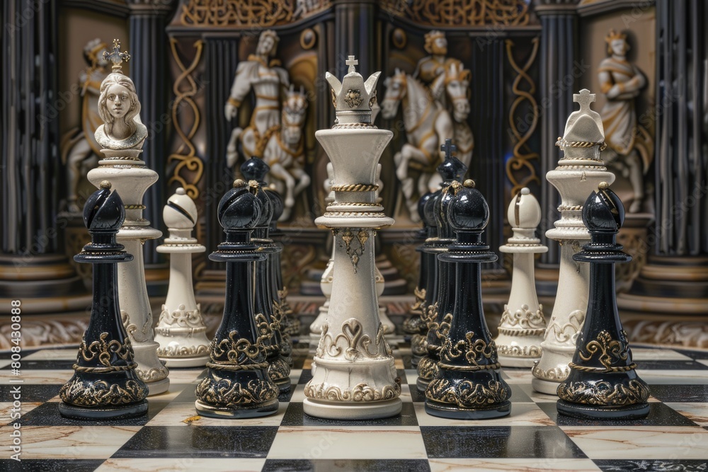 Ornate Black and White Chess Pieces Positioned for Strategic Play on Marble Board