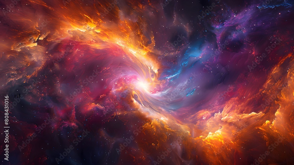 A vibrant abstract representation of a stellar nursery, with swirling gases, shockwaves, and a newborn star emerging in a burst of light A vibrant abstract representation of a stellar nursery, with swirling gases, shockwaves, and a newborn star emerging in a burst of light