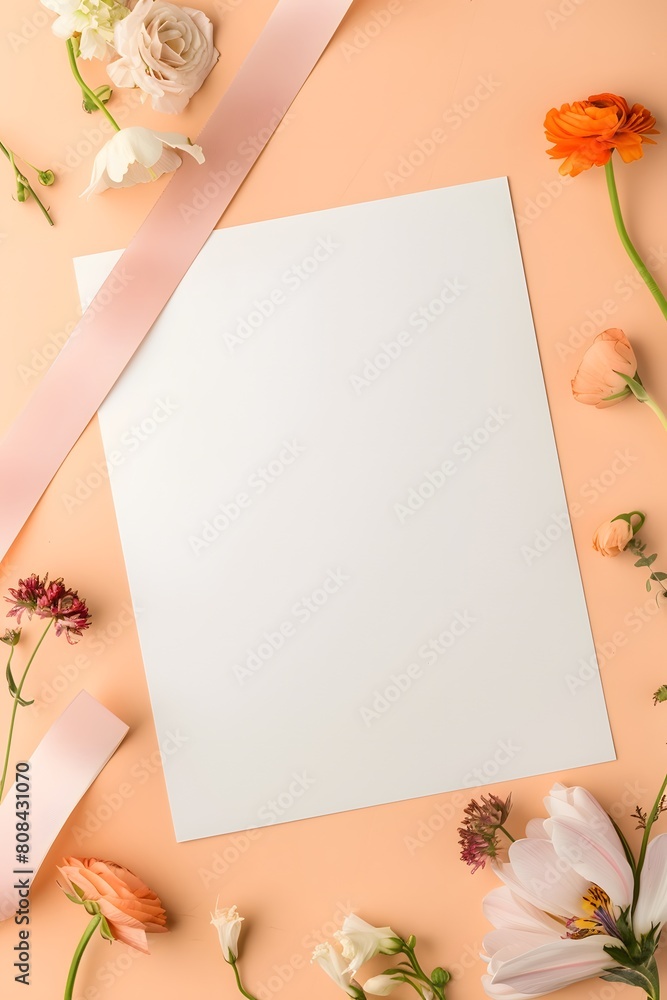 Elegant greeting card invitation isolated empty space beautified with ribbon and flower decoration