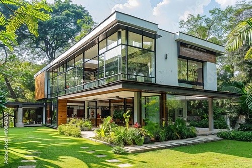 Ultramodern house exterior with glass walls and lush garden photo