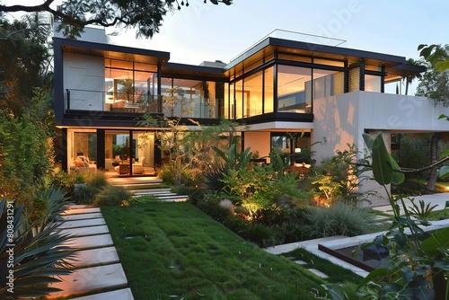 Ultramodern house exterior with glass walls and lush garden photo