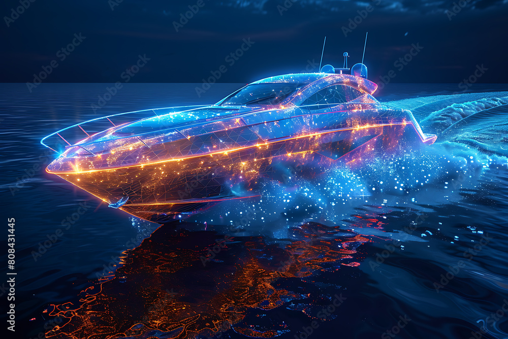 A sleek speedboat cruises gracefully on calm waters under the bright sun, embodying leisure and adventure on the open sea A sleek speedboat cruises gracefully on calm waters under the bright sun, embodying leisure and adventure on the open sea