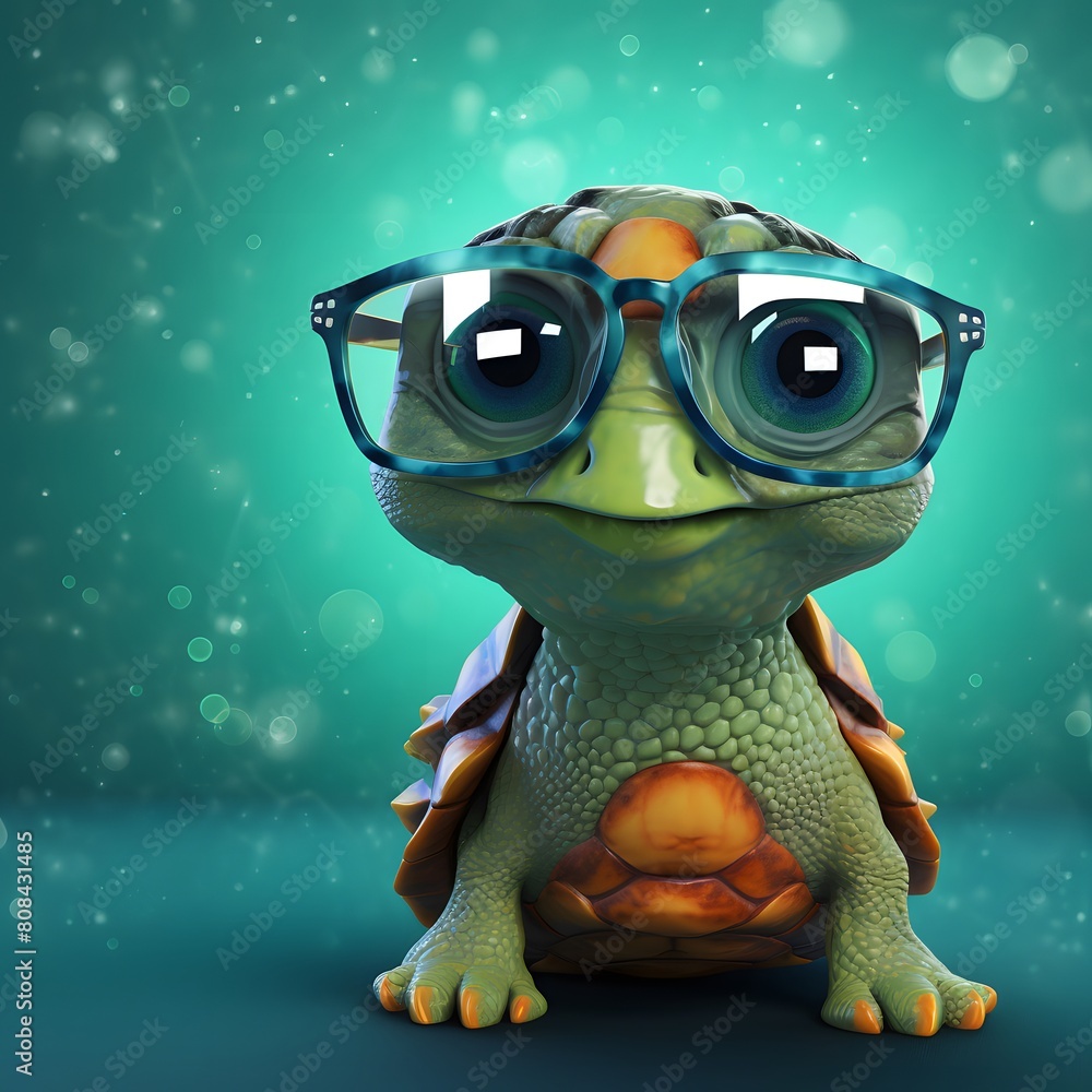 Obraz premium Cute baby turtle character wearing glasses. Generative AI.