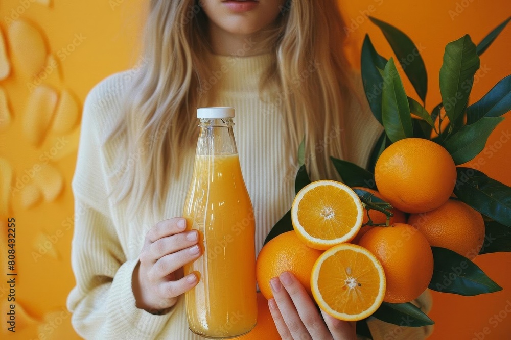 Woman holding a bottle of orange juice and oranges Woman holding a bottle of orange juice and oranges