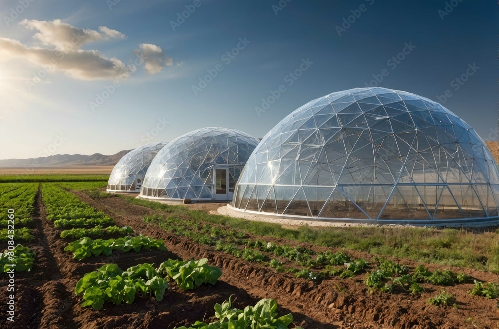 Obraz premium Geodesic Dome Greenhouses in Countryside