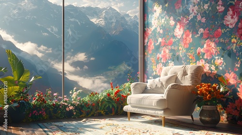 A retro-style lounge chair set against a floral pastel wall in a room with panoramic views of a tranquil valley. © Love Mohammad