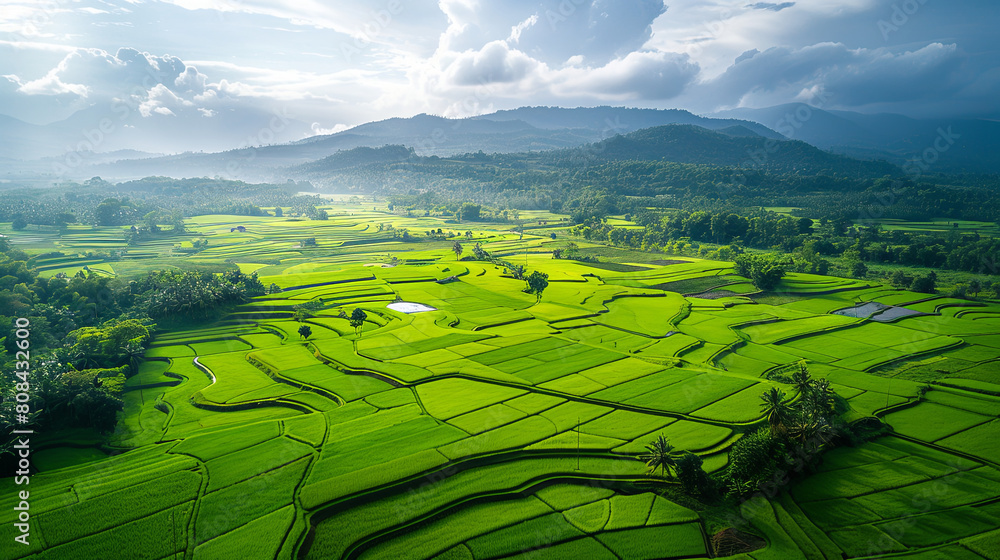 Fototapeta premium Scenic Agriculture: A bird's-eye view of green rice fields, a testament to the beauty of rural farming.