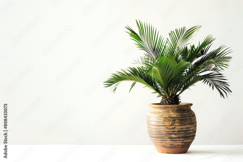 Fototapeta premium A sago palm in a brown ceramic pot, presenting lush green fronds, isolated on a white background