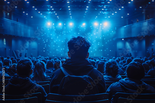 A teacher delivers a captivating lecture to students in a vast auditorium  emphasizing education and learning against a blackboard backdrop