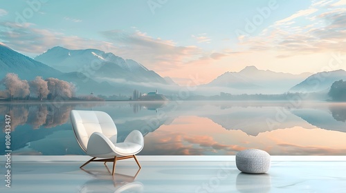 A single, contemporary chair facing a pastel-colored wall mural of a peaceful lake in an elegantly furnished room.