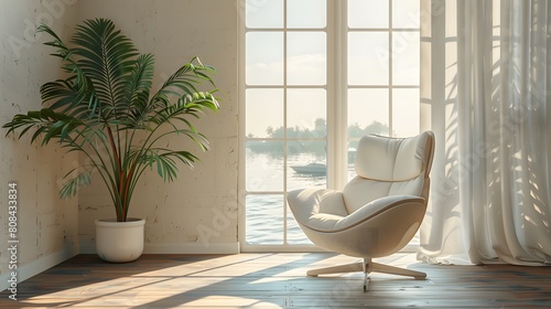 A sleek, contemporary chair positioned in a minimalistic room adorned with delicate pastel accents and a harbor scene through the window. photo