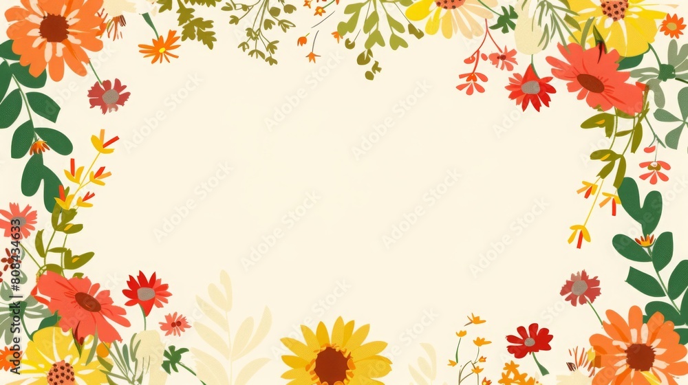 Refreshing Floral Computer Wallpaper with Varied Edges and Central Blank Space, Simple Layout in Vibrant Fresh Colors, HD Quality Refreshing Floral Computer Wallpaper with Varied Edges and Central Blank Space, Simple Layout in Vibrant Fresh Colors, HD Quality