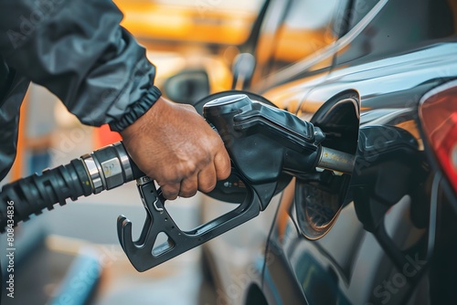 Closeup of man pumping gasoline fuel in car at gas station. Generative AI