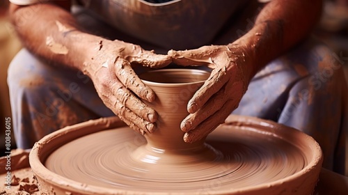 A potter s clay on the wheel, initially malleable and formless, transformed into a sturdy vessel through pressure and careful shaping photo