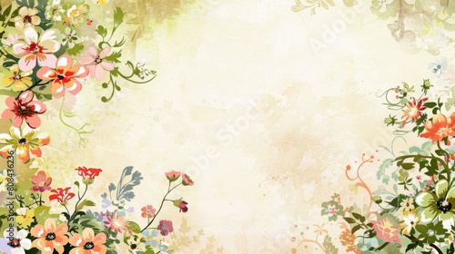 Refreshing Floral Computer Wallpaper with Varied Edges and Central Blank Space, Simple Layout in Vibrant Fresh Colors, HD Quality