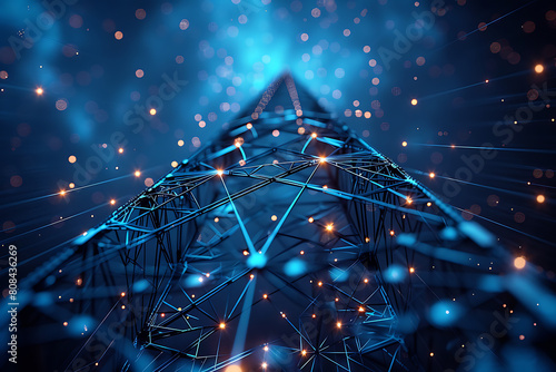 
A captivating wireframe depiction of transmission lines set against a deep blue backdrop, symbolizing energy infrastructure and technological advancement photo