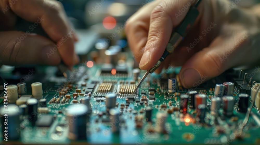 Fototapeta premium intricate world of electronics repair, as a skilled technician meticulously restores a malfunctioning circuit board.