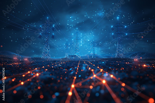 
A captivating wireframe depiction of transmission lines set against a deep blue backdrop, symbolizing energy infrastructure and technological advancement photo