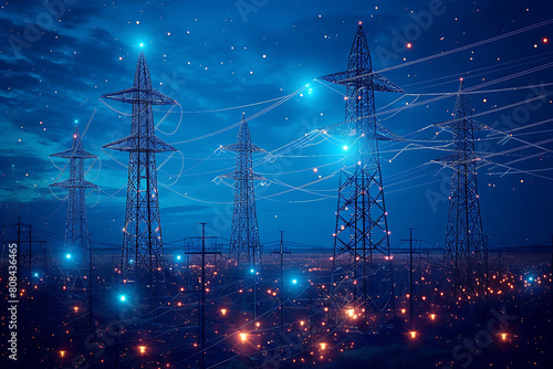  A captivating wireframe depiction of transmission lines set against a deep blue backdrop, symbolizing energy infrastructure and technological advancement