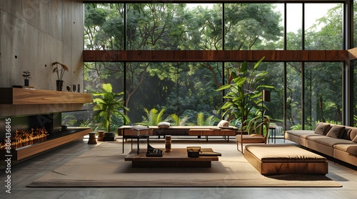A spacious mid-century loft living room with a wall of windows overlooking a lush forest, featuring minimalist wooden furniture and a cozy fireplace. © Love Mohammad