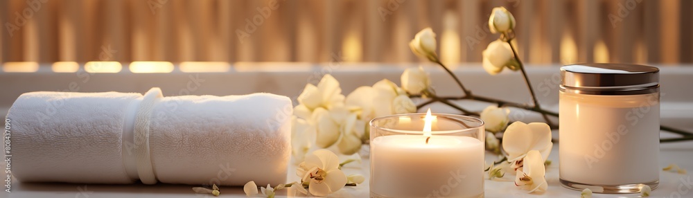 Cosmetic cream bottle mockup in a spa setting with candles and towels, creating a relaxing and serene atmosphere Cosmetic cream bottle mockup in a spa setting with candles and towels, creating a relaxing and serene atmosphere