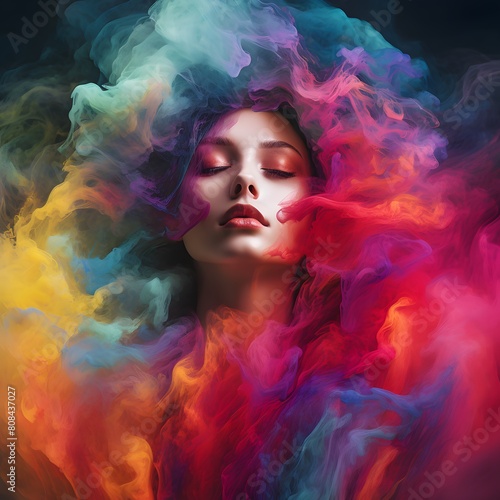 Beautiful woman with colorful smoke swirling around her head. Generative AI. © Studicon